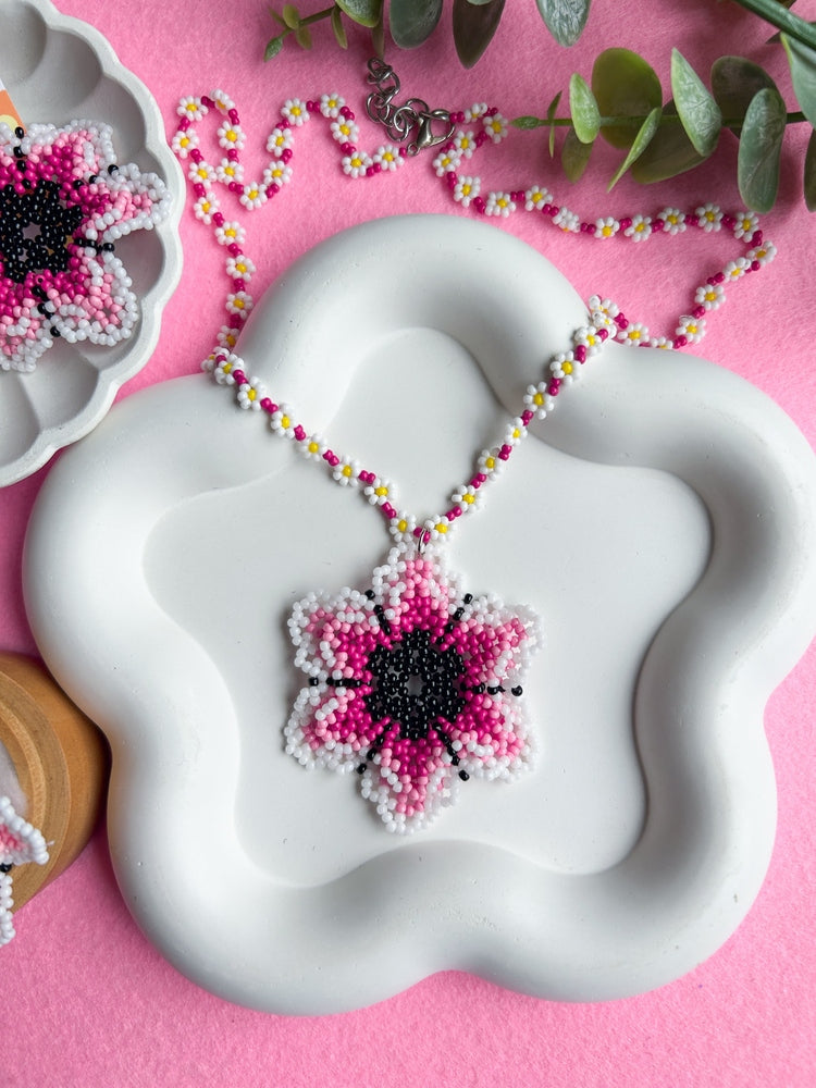 Blossoming Pink Flower Handmade Beaded Necklace + Earrings + Ring Set