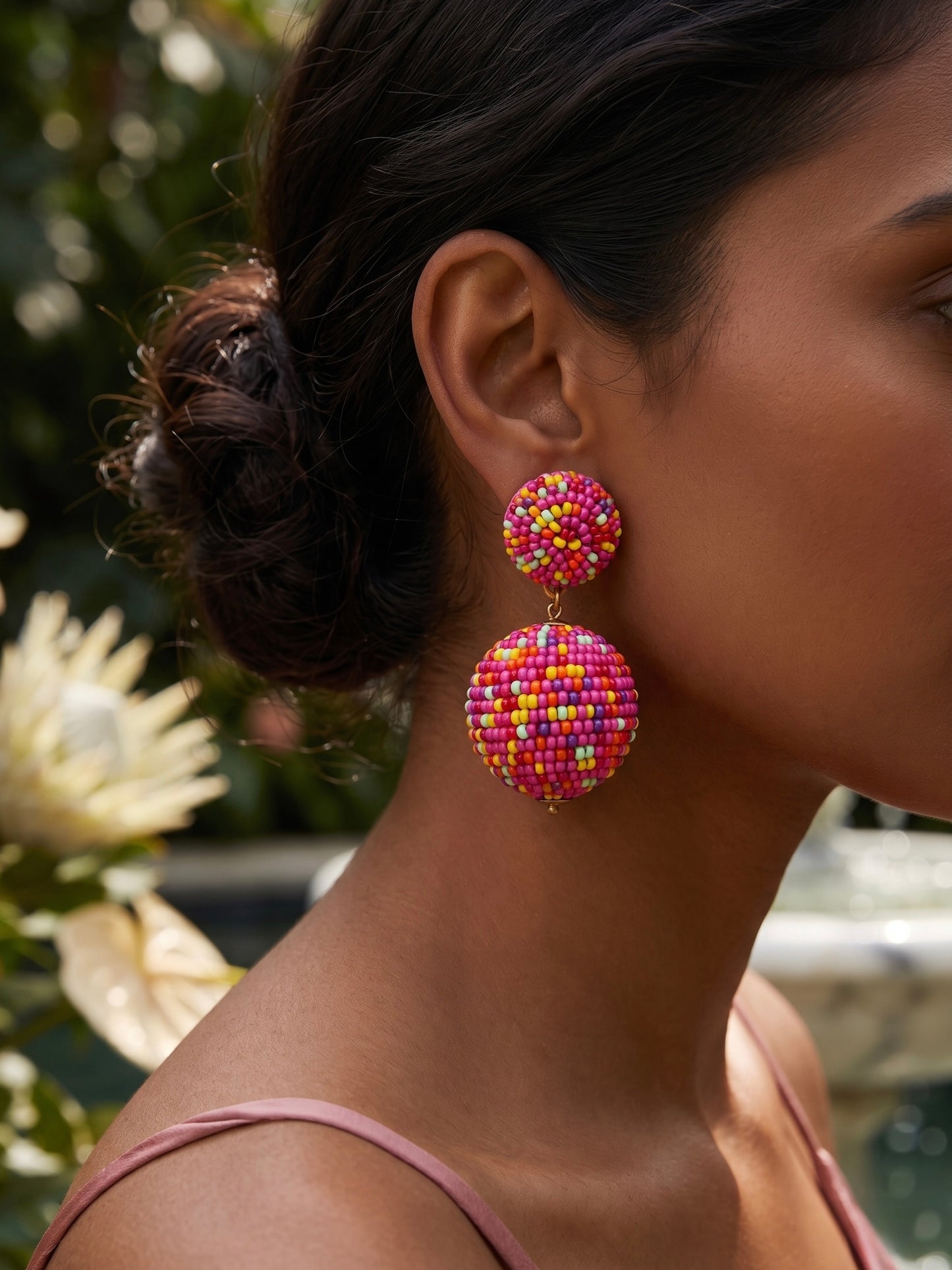 Tutti Frutti Pink Rainbow Drop Handmade Beaded Earrings