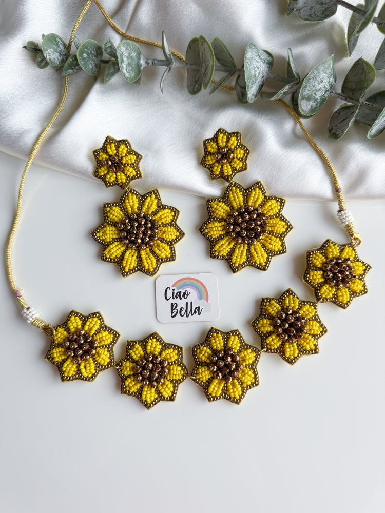 Sunflower Handmade Beaded Necklace + Earrings Set