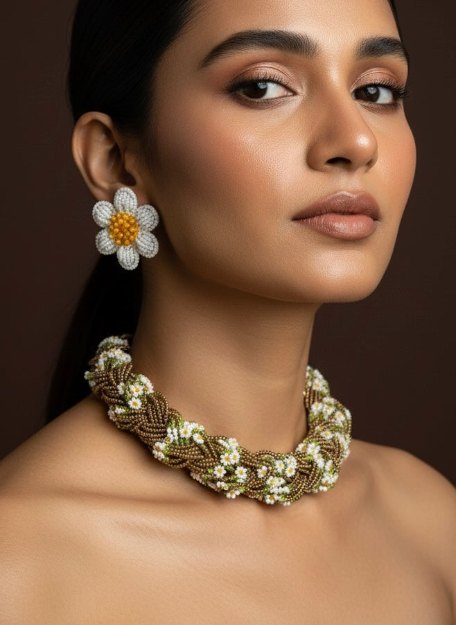 Luxe Flora Antique Brown Gold Handmade Beaded Necklace + Earrings Set