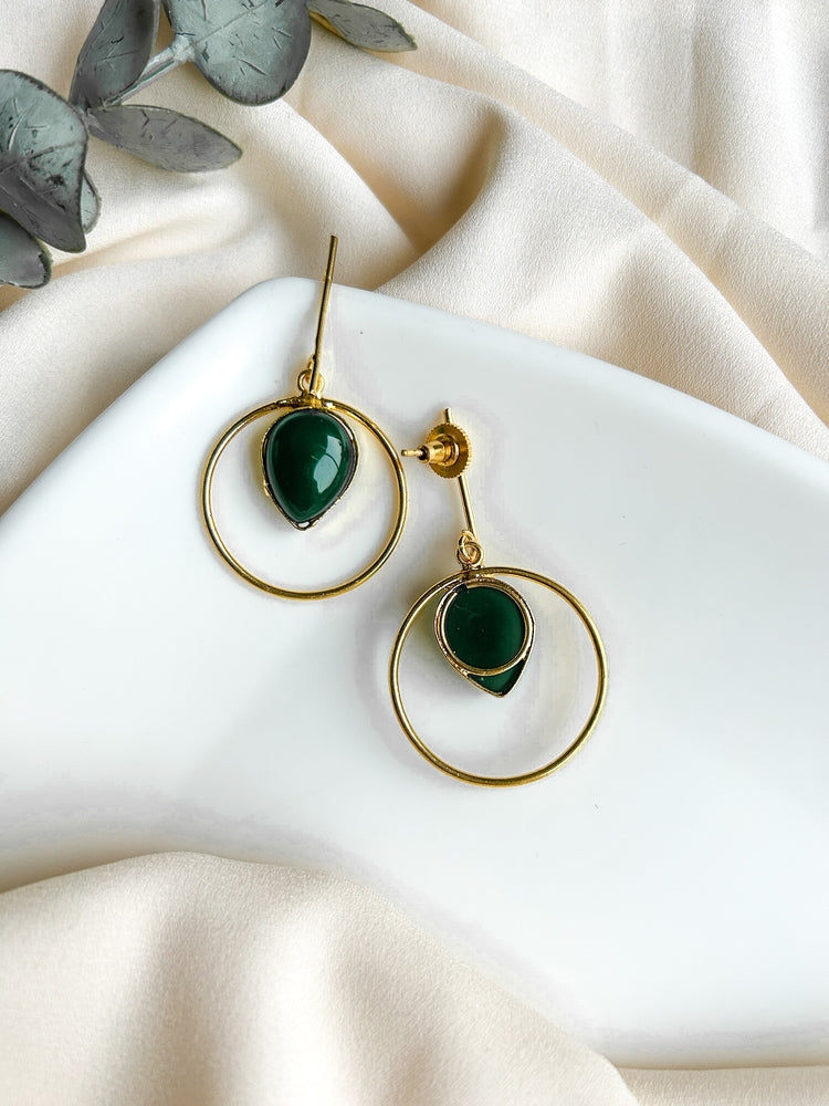 Emerald Green Monalisa Teardrop Handmade Brass Earrings