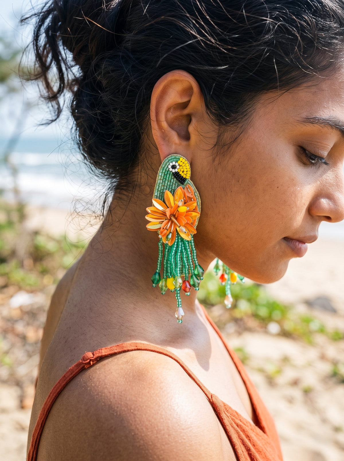 Luxe Paradise Teal Mint Lagoon Orange Parrot Handmade Beaded Bird Earrings