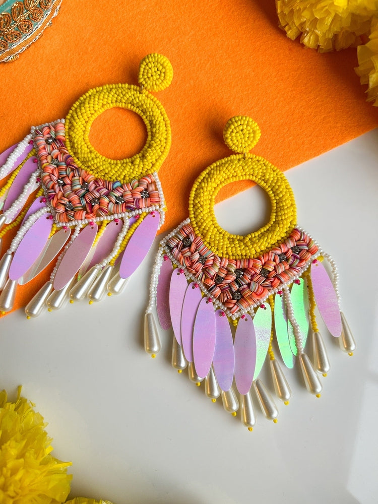 Zehra Yellow Handmade Beaded Tassel Earrings