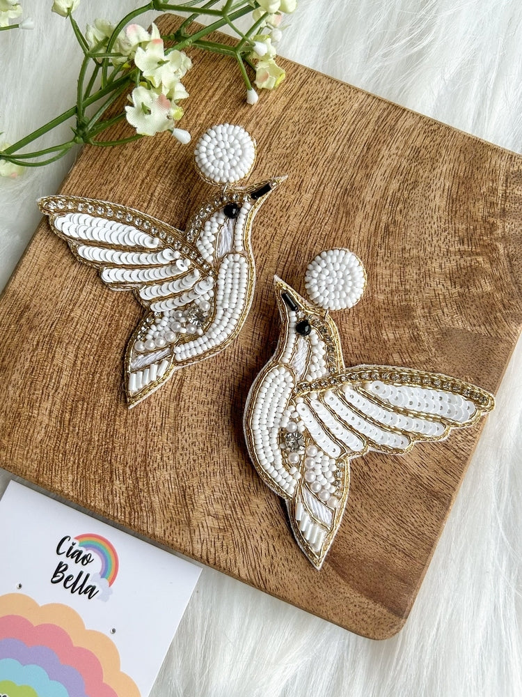 Ivory Humming Bird Handmade Beaded Earrings