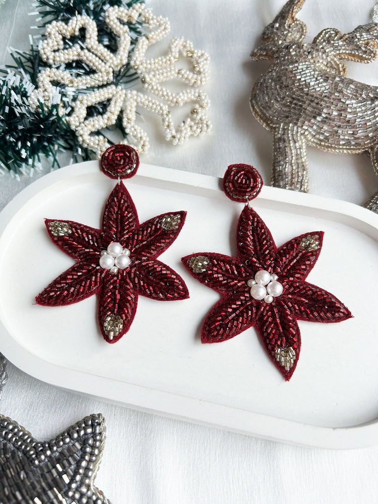 Poinsettia Petals Handmade Beaded Christmas Flower Earrings