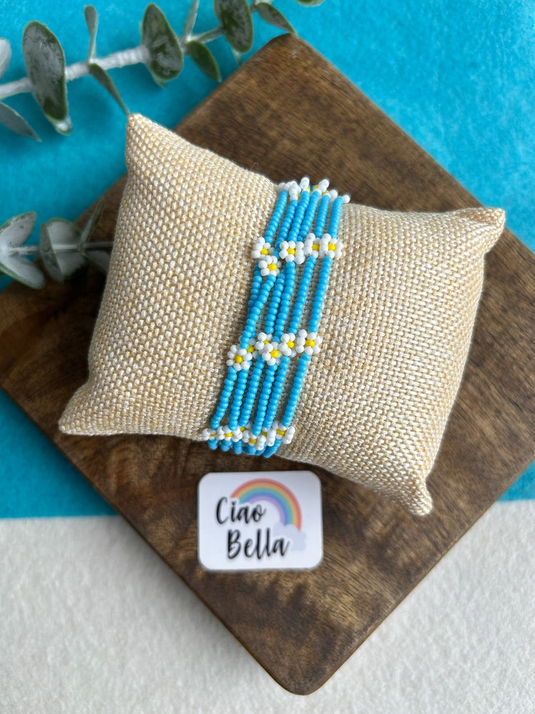 Spring Bloom Blue White Daisy Handmade Beaded Bracelet