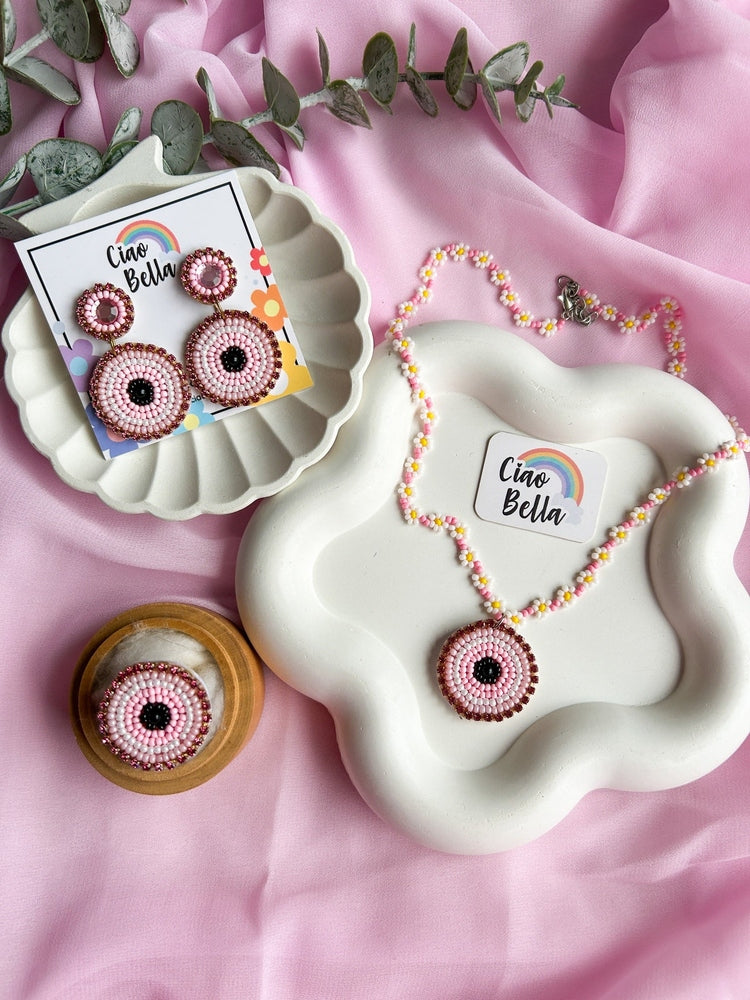Blush Pink Evil Eye Handmade Beaded Necklace + Earrings + Ring Set