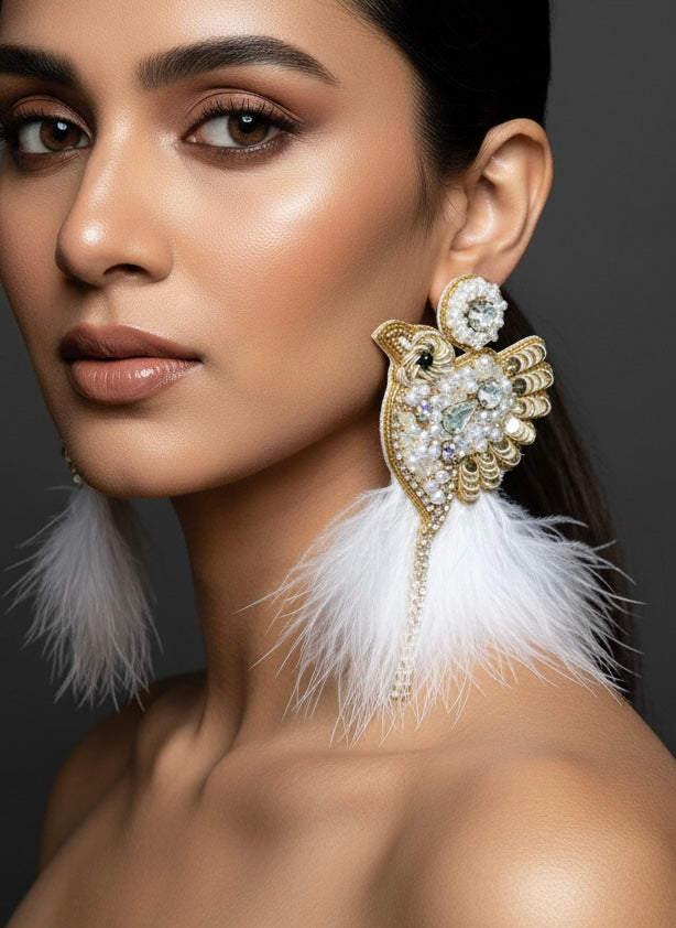 Glamorous Ivory Birdies Handmade Beaded Bird Earrings