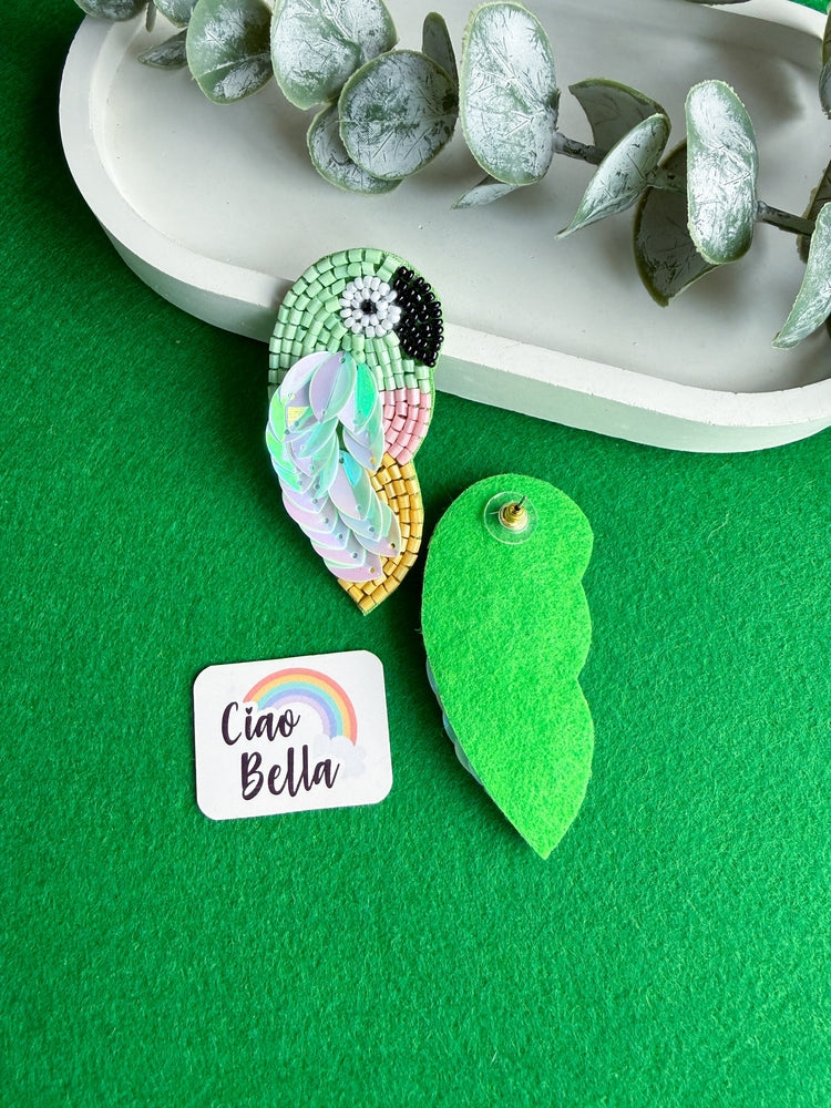 Green Parrot Handmade Beaded Bird Earrings