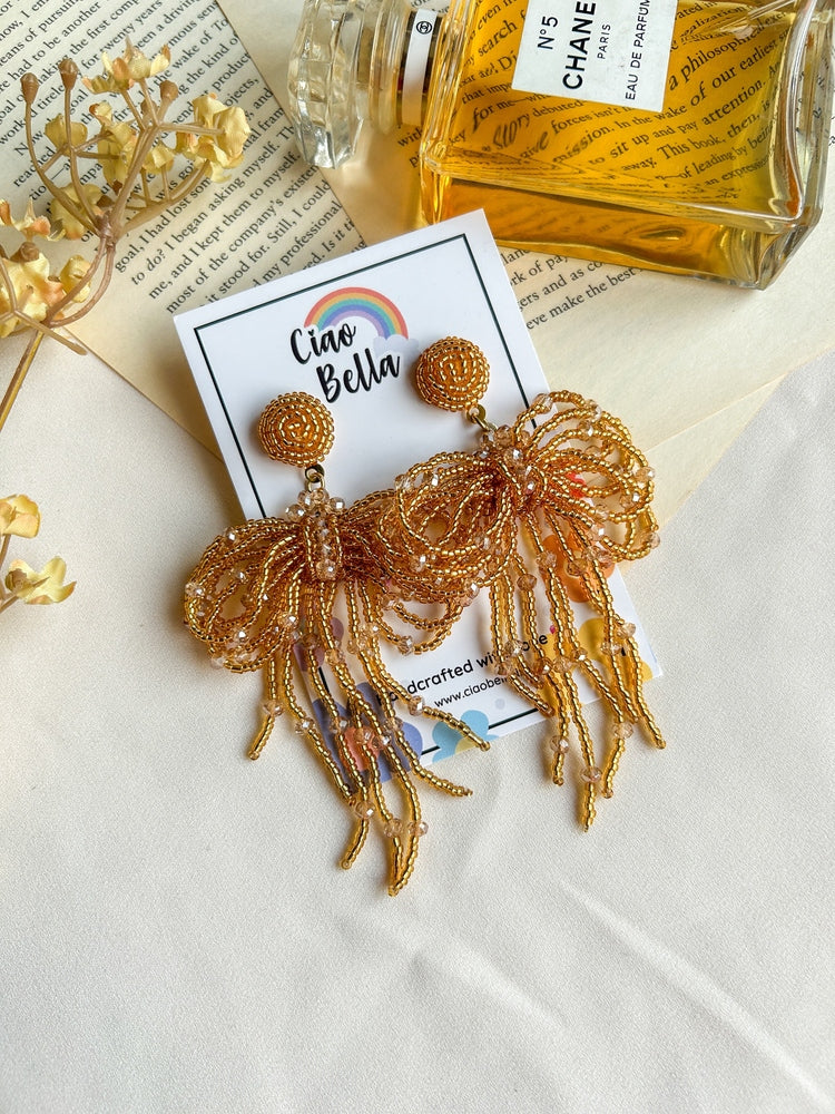 Pookie Bow (Gold) Handmade Beaded Earrings