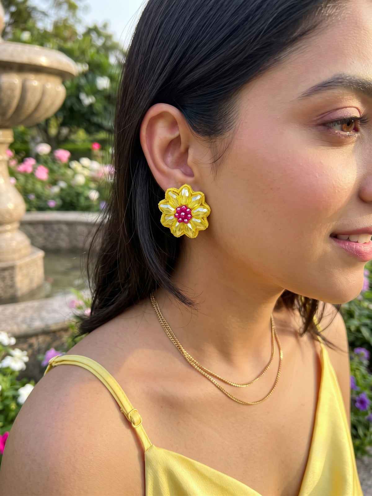 Sparkling Yellow Pink Flower Handmade Beaded Stud Earrings