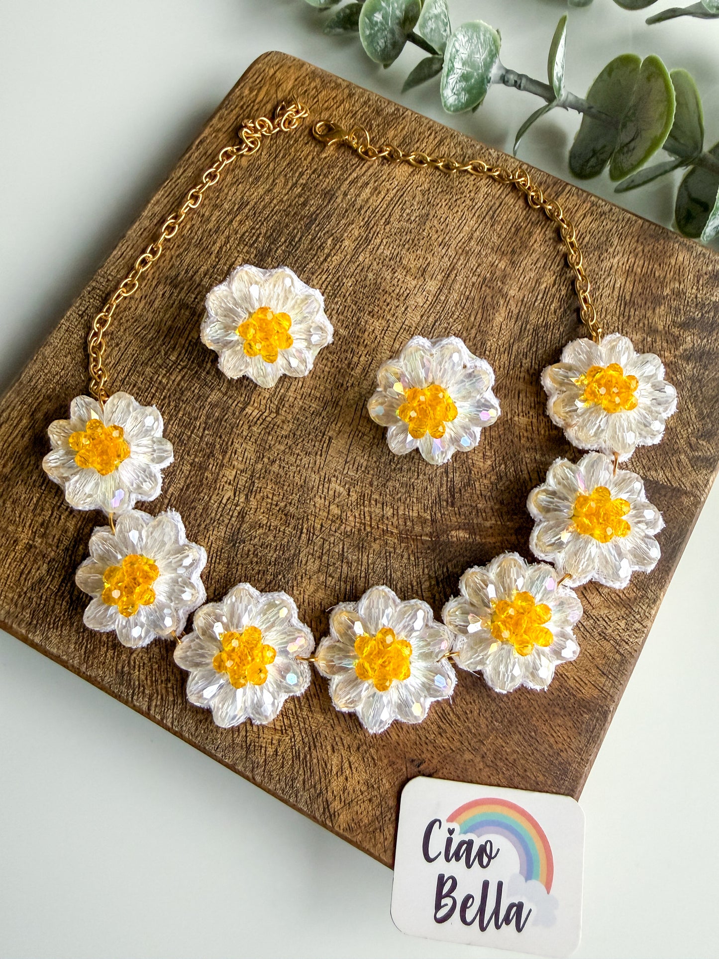 Sparkling White Daisy Handmade Beaded Necklace + Earrings Set