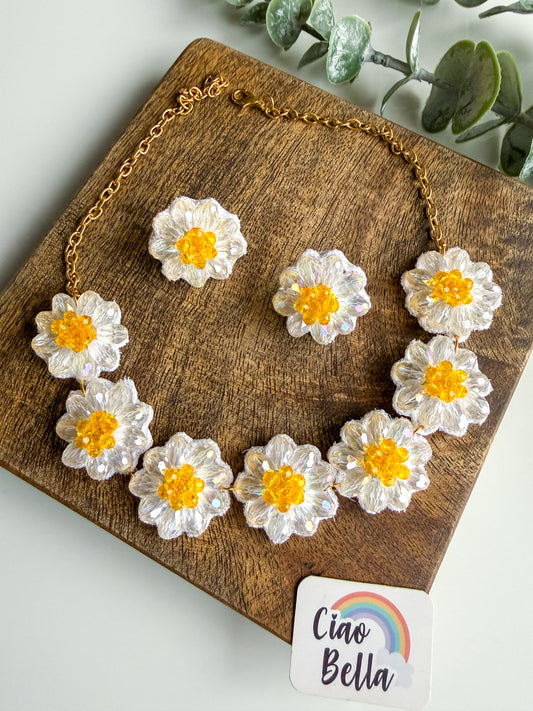Sparkling White Daisy Handmade Beaded Necklace + Earrings Set