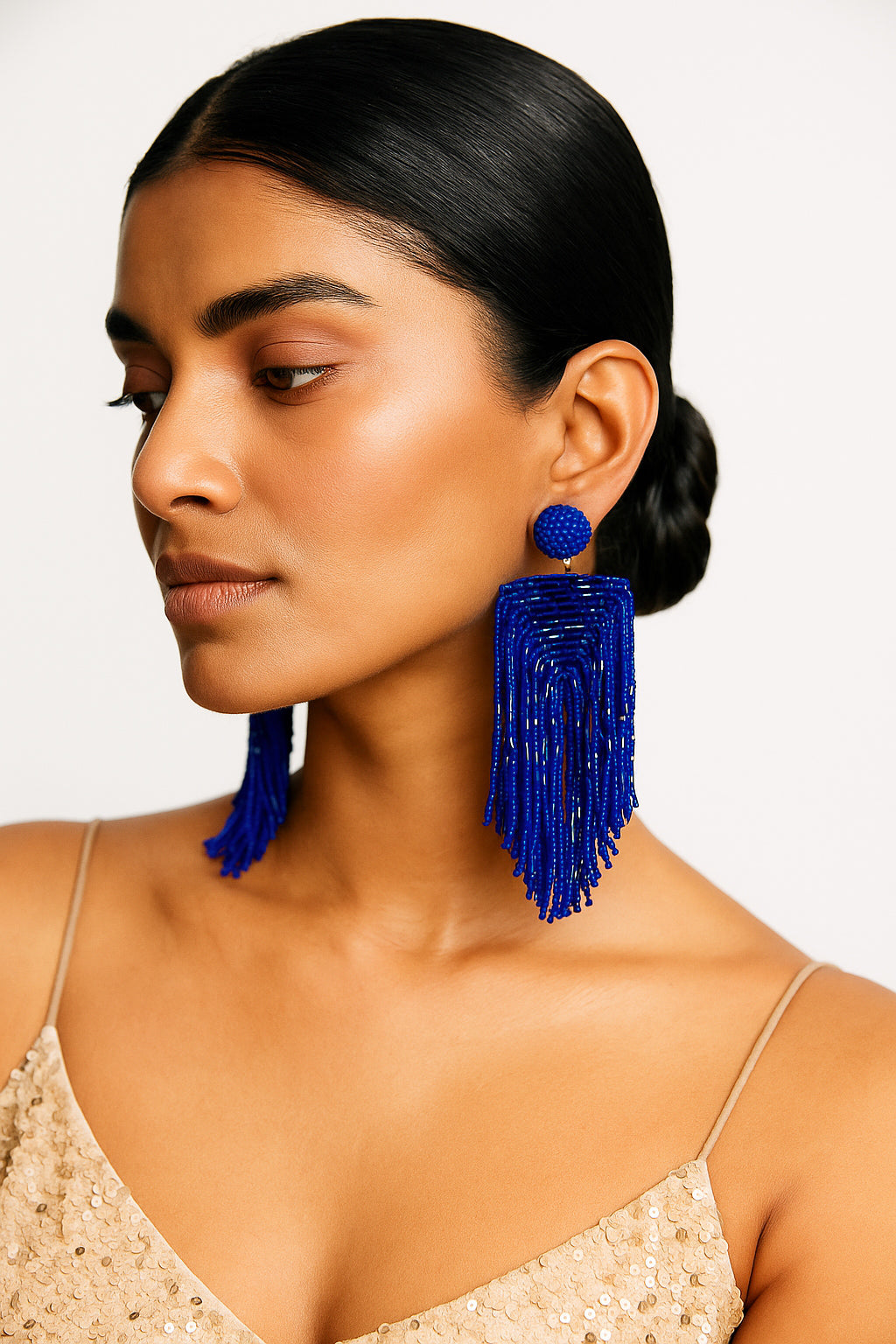 Luxe Midnight Blue Handmade Beaded Tassel Earrings