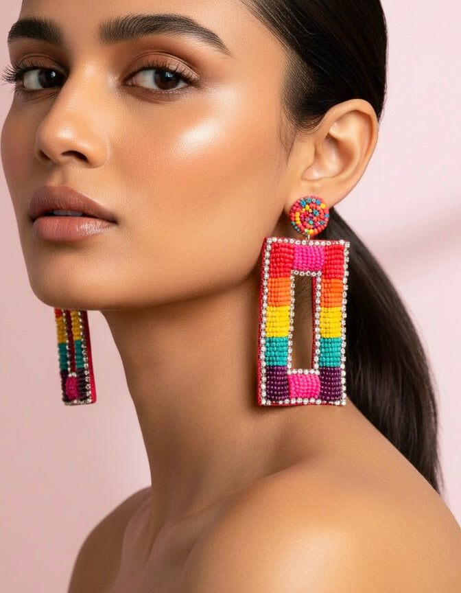 Vibrant Rainbow Drop Handmade Beaded Earrings