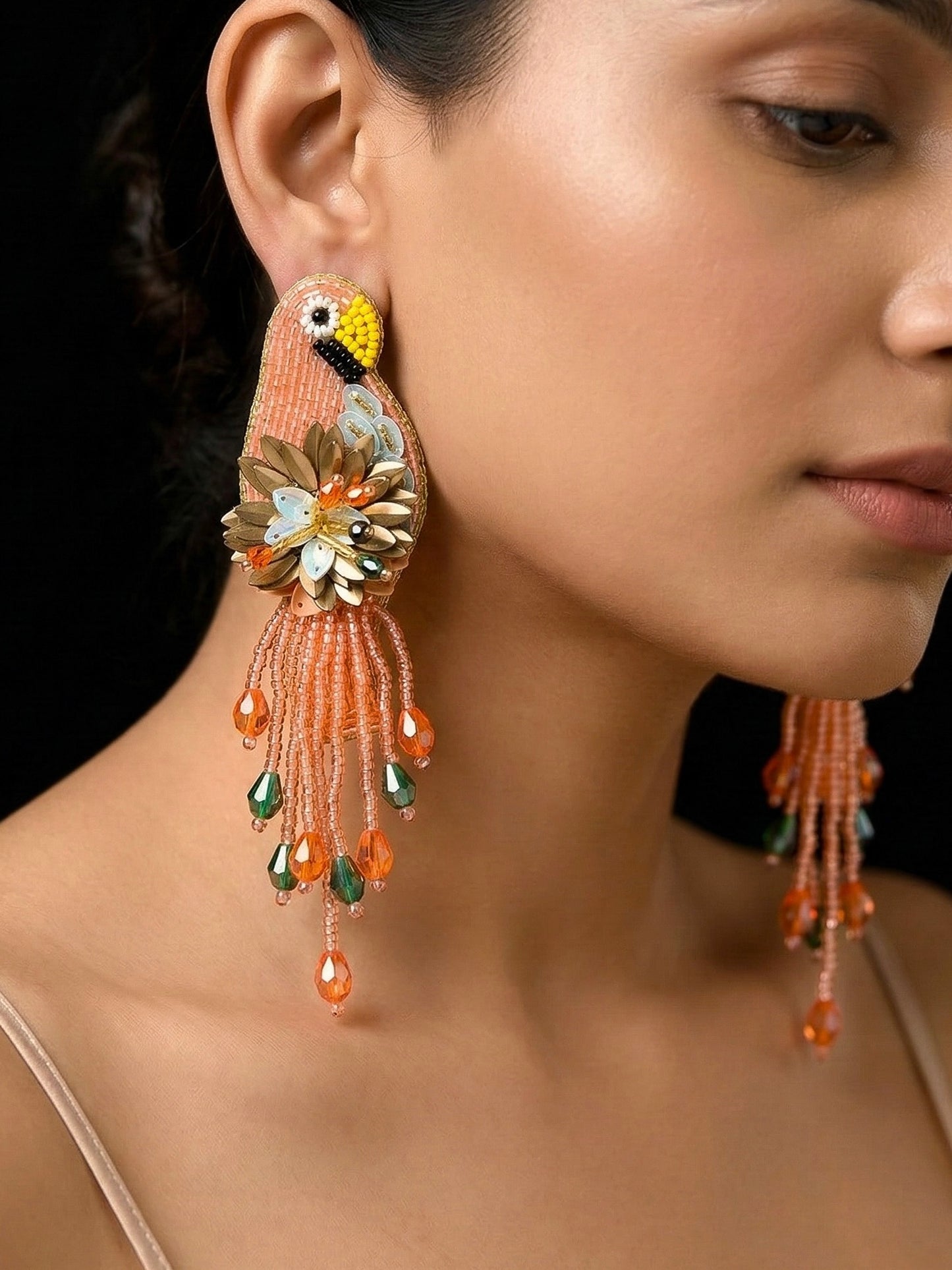 Luxe Paradise Peach Orange Parrot Handmade Beaded Bird Earrings