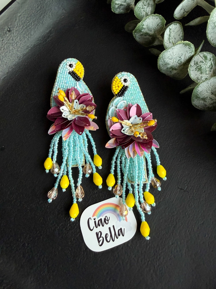 Luxe Paradise Aqua Blue Parrot Handmade Beaded Bird Earrings