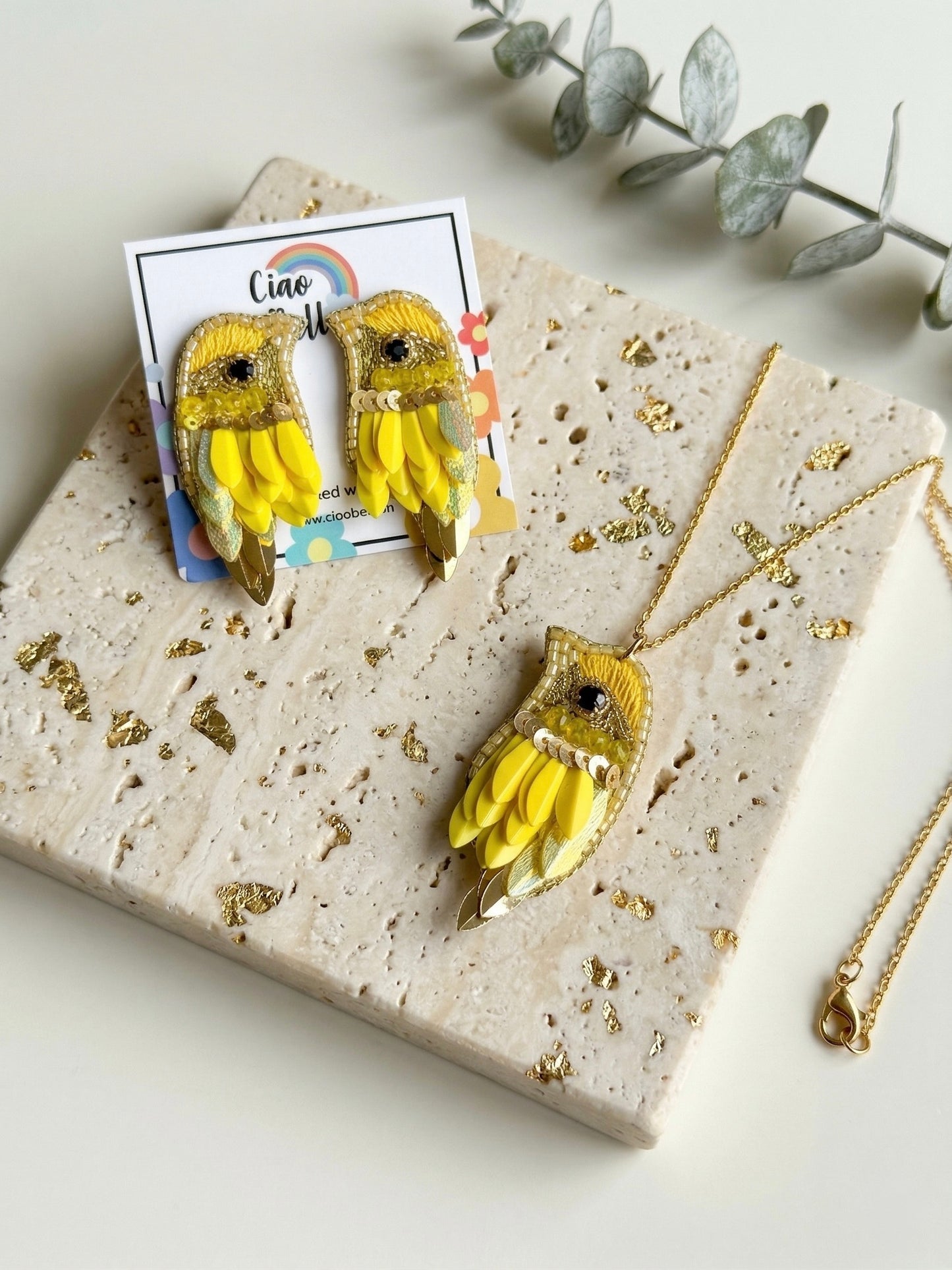 Chirpy Sunny Yellow Parrot Handmade Beaded Necklace + Earrings Set