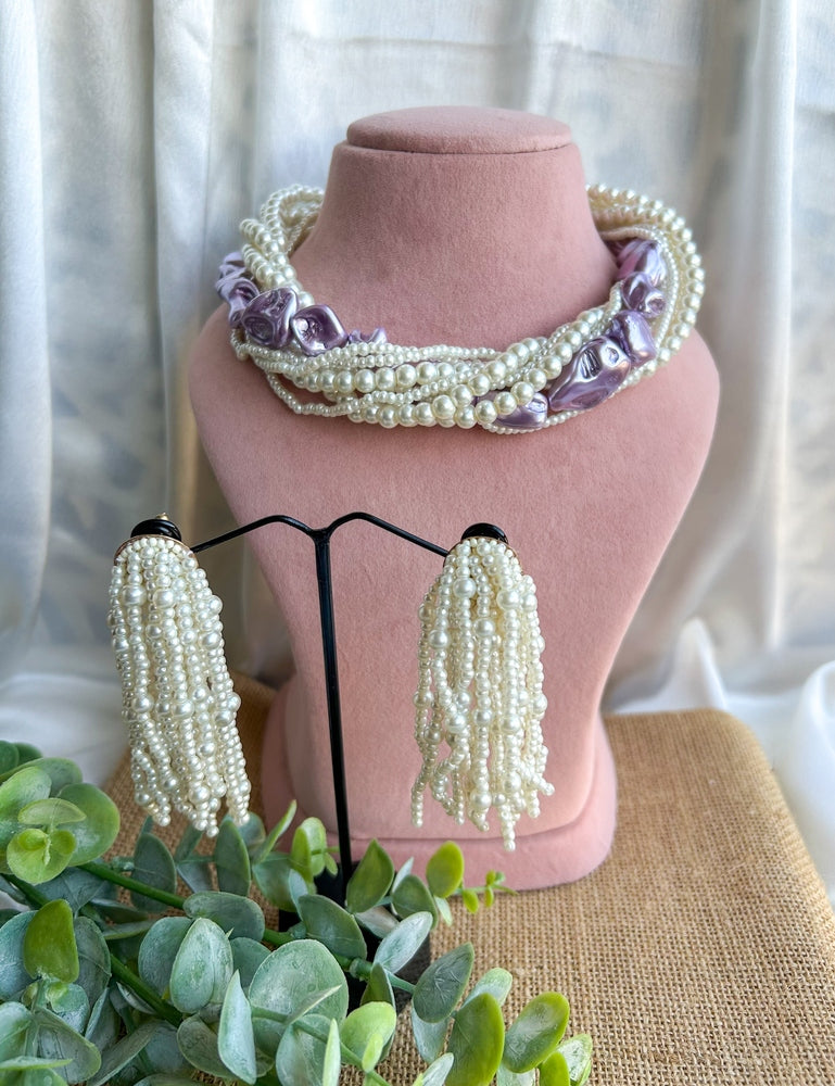 Celeste Pearl Handmade Necklace + Earrings Set - Lavender