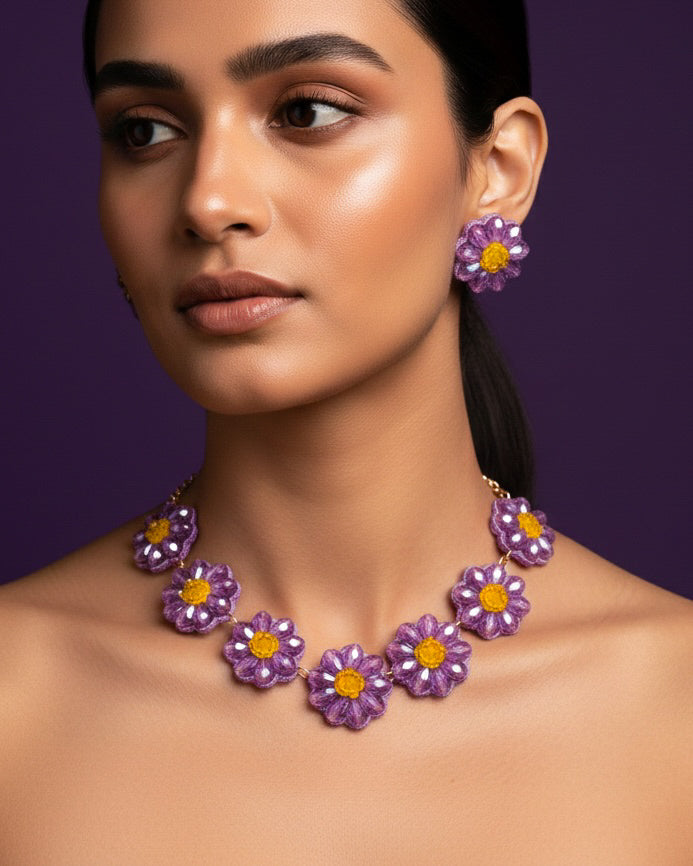 Sparkling Lilac Daisy Handmade Beaded Necklace + Earrings Set