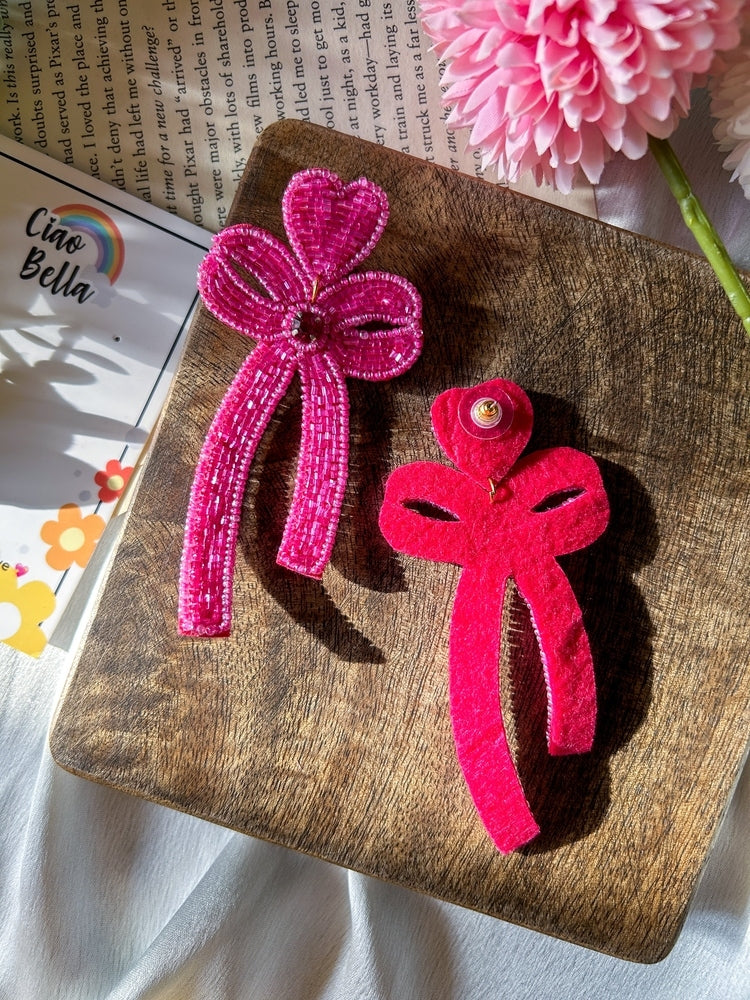 Glam Bow (Pink) Handmade Beaded Earrings