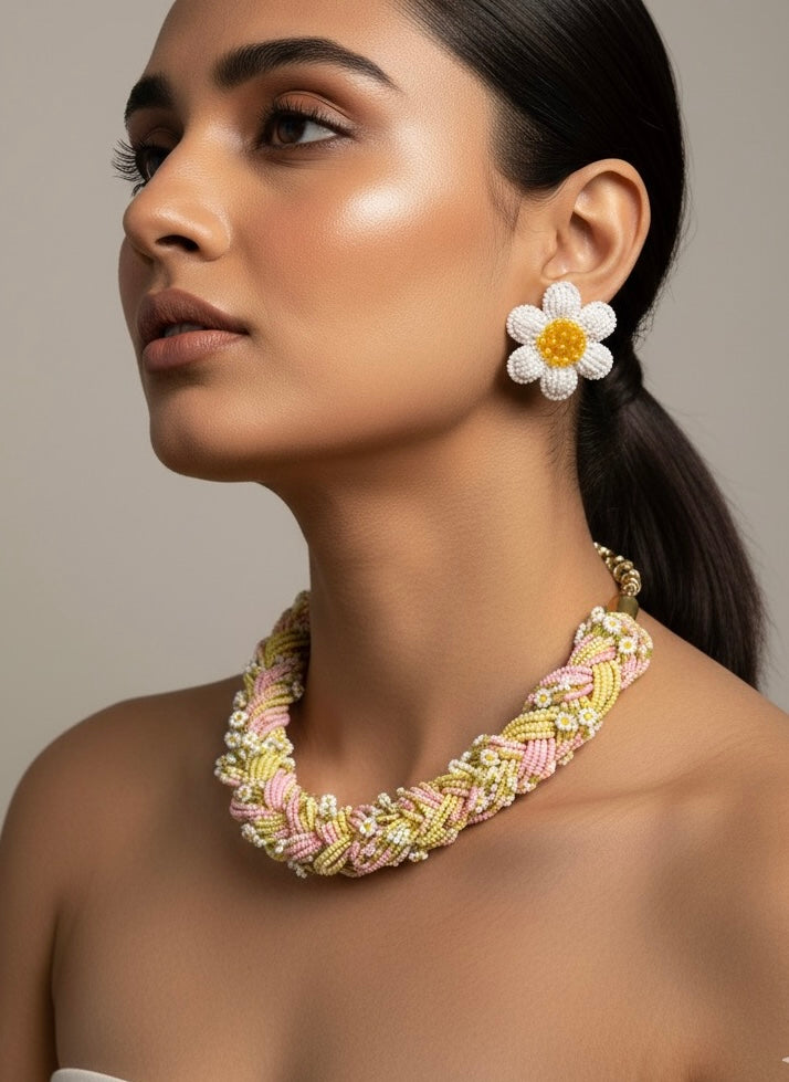 Luxe Flora Pink Yellow Handmade Beaded Necklace + Earrings Set