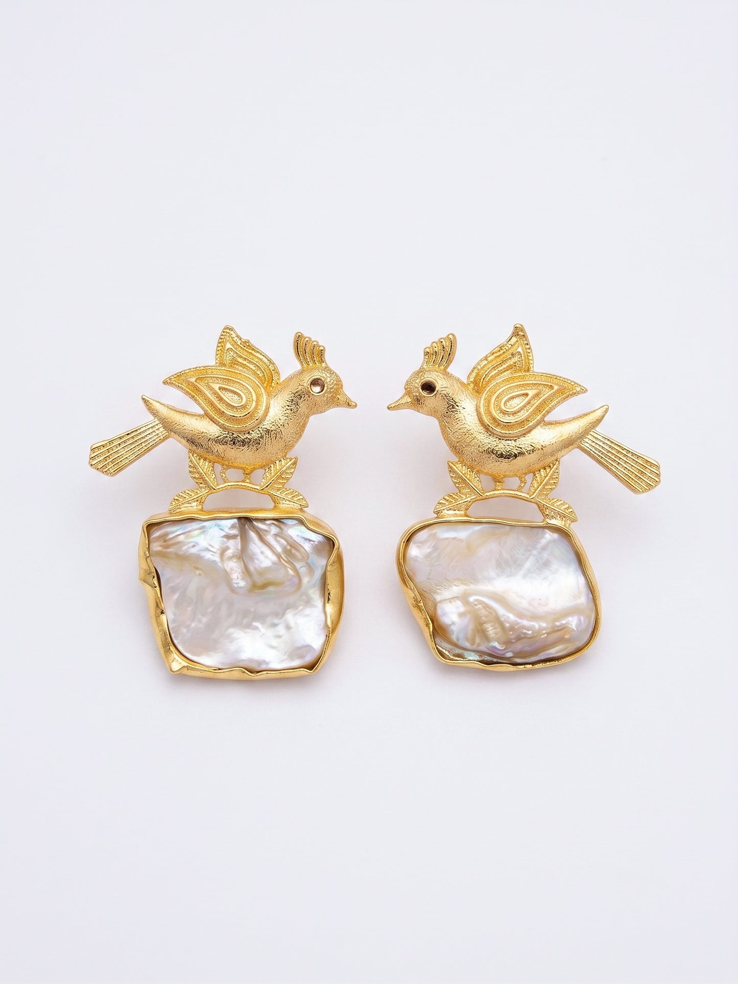 Cute Birdie Mother Of Pearl Handmade Brass Earrings