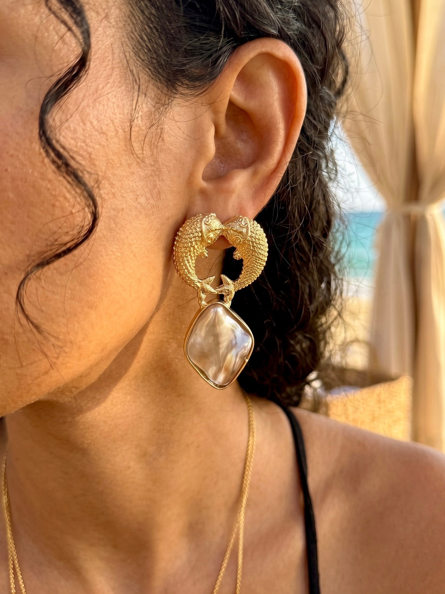 Golden Pisces Mother Of Pearl Handmade Brass Earrings