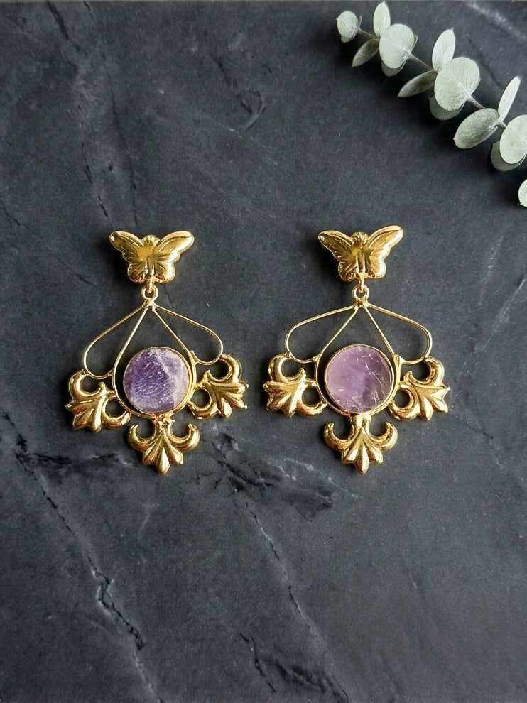 Elowen Butterfly Drops Lilac Handmade Brass Earrings