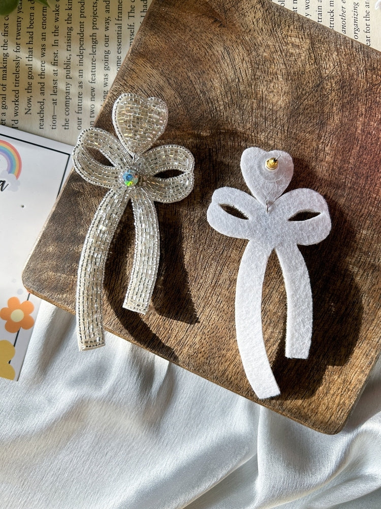 Glam Bow (Silver) Handmade Beaded Earrings