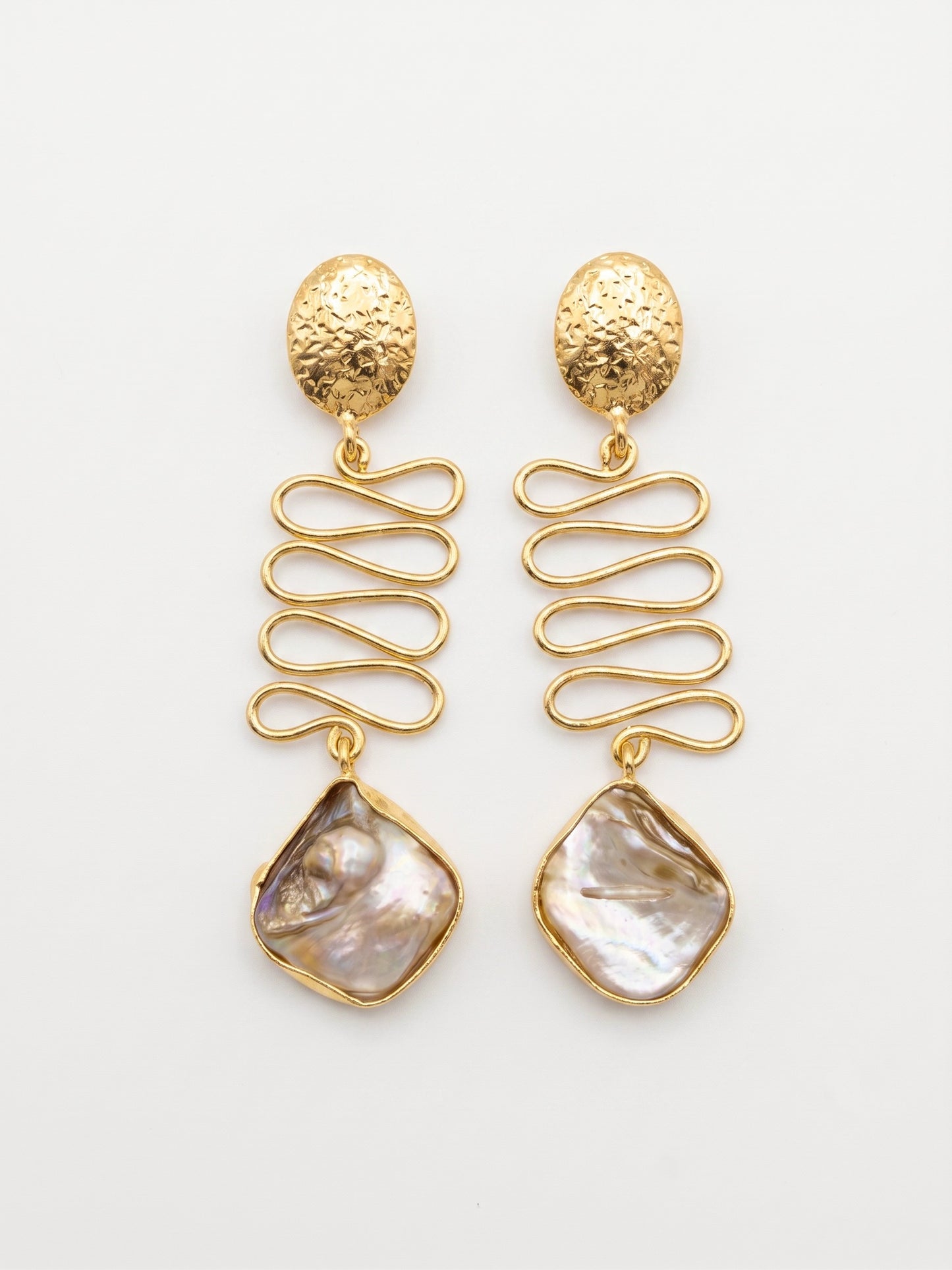 Wavy Mother of Pearl Drop Handmade Brass Earrings