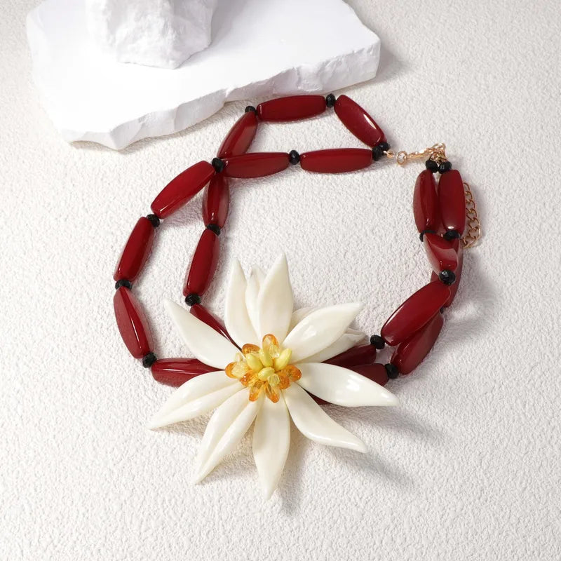 Sweet Flower Resin Red Handmade Beaded Necklace