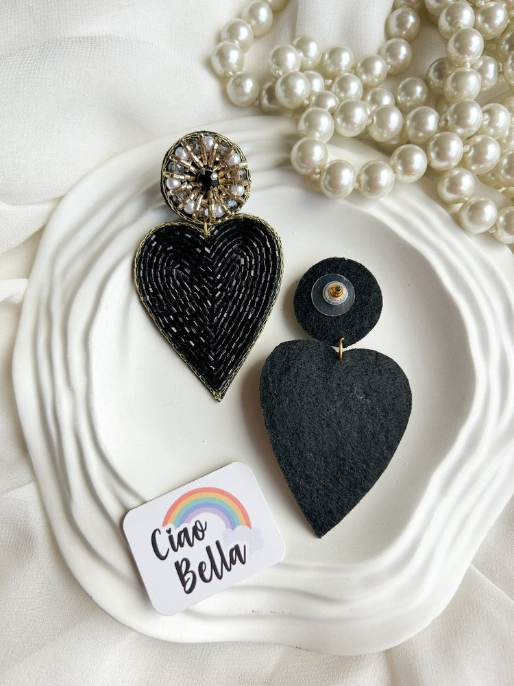 Glam Black Heart Drop Handmade Beaded Earrings