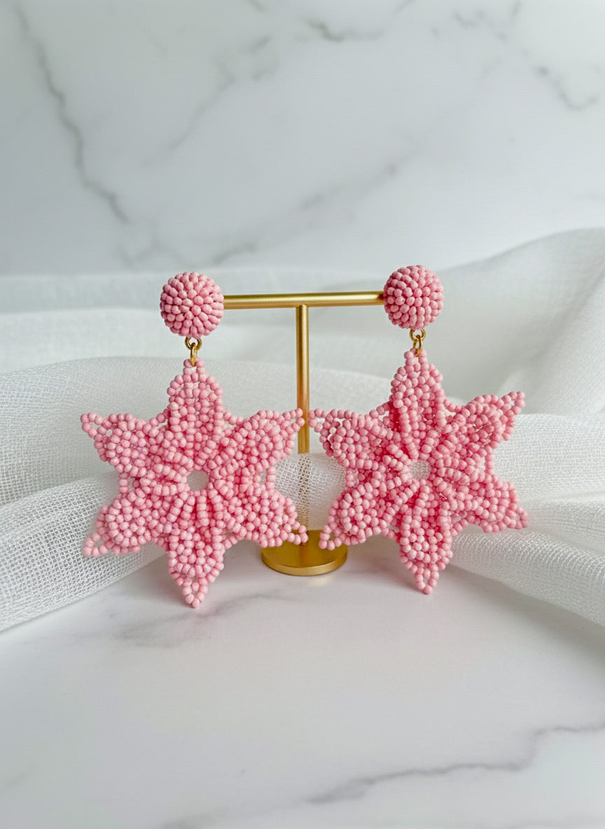 Blush Pink Delicate Snowflake 3D Crochet Handmade Beaded Earrings