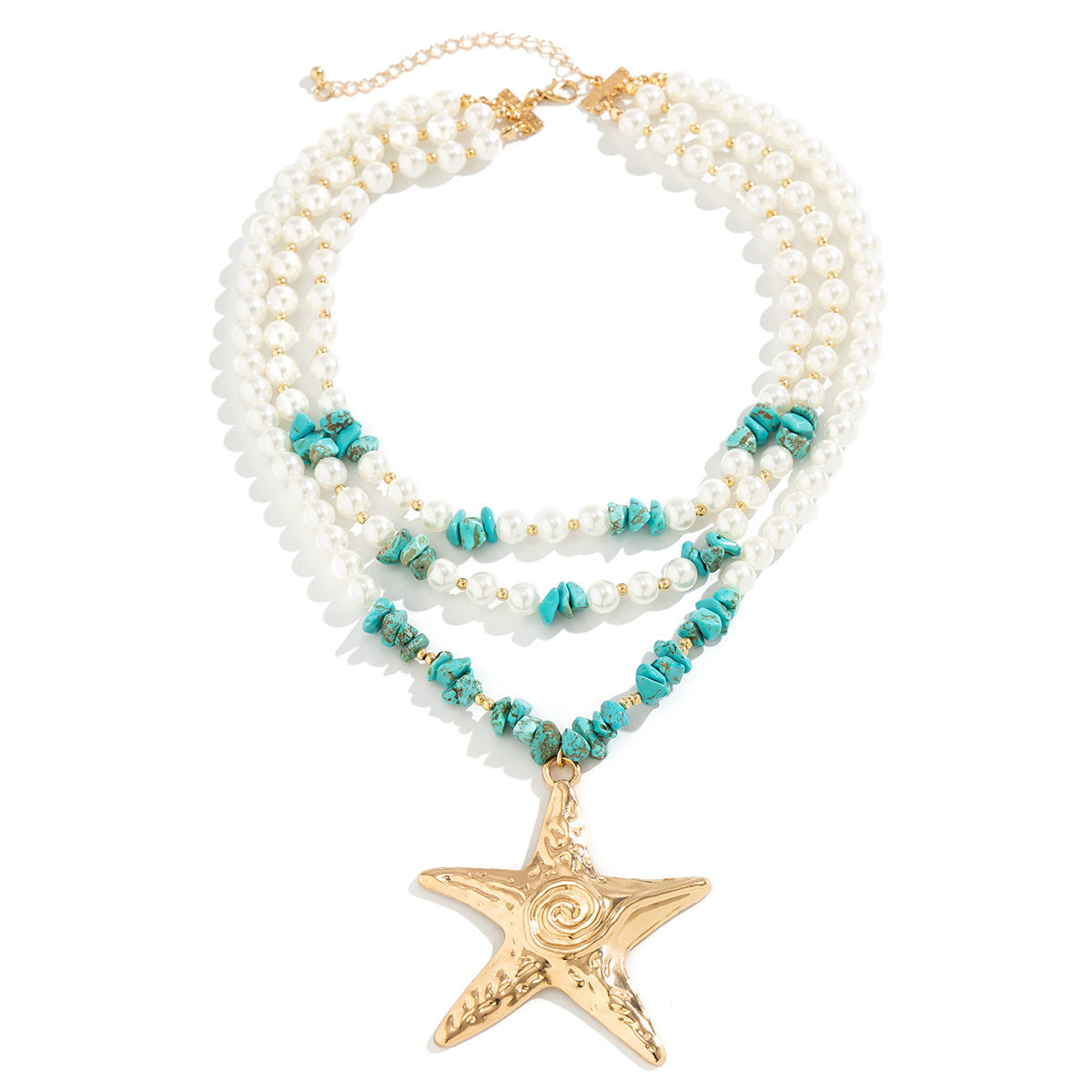 Exaggerated Marine Style Star Pearl Beaded Three Layer Necklace