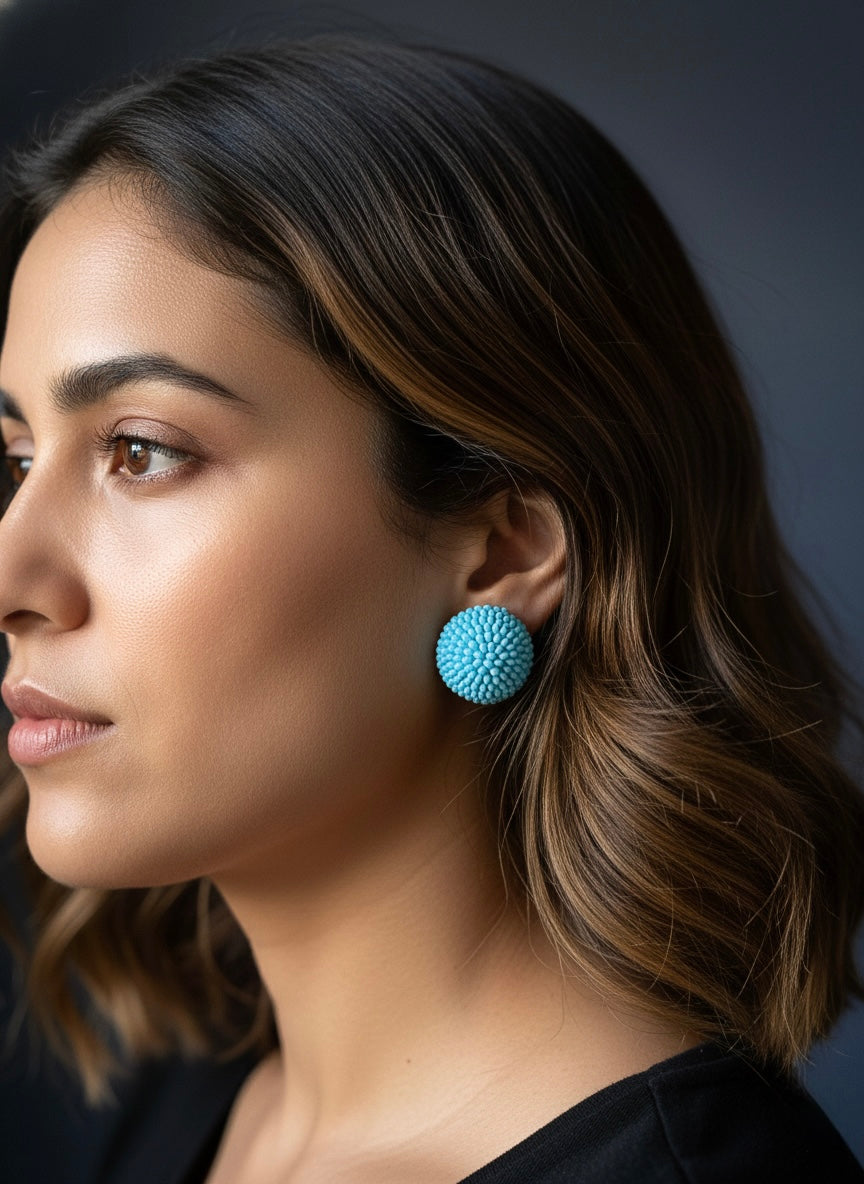 Aqua Blue Round Handmade Beaded Stud Earrings