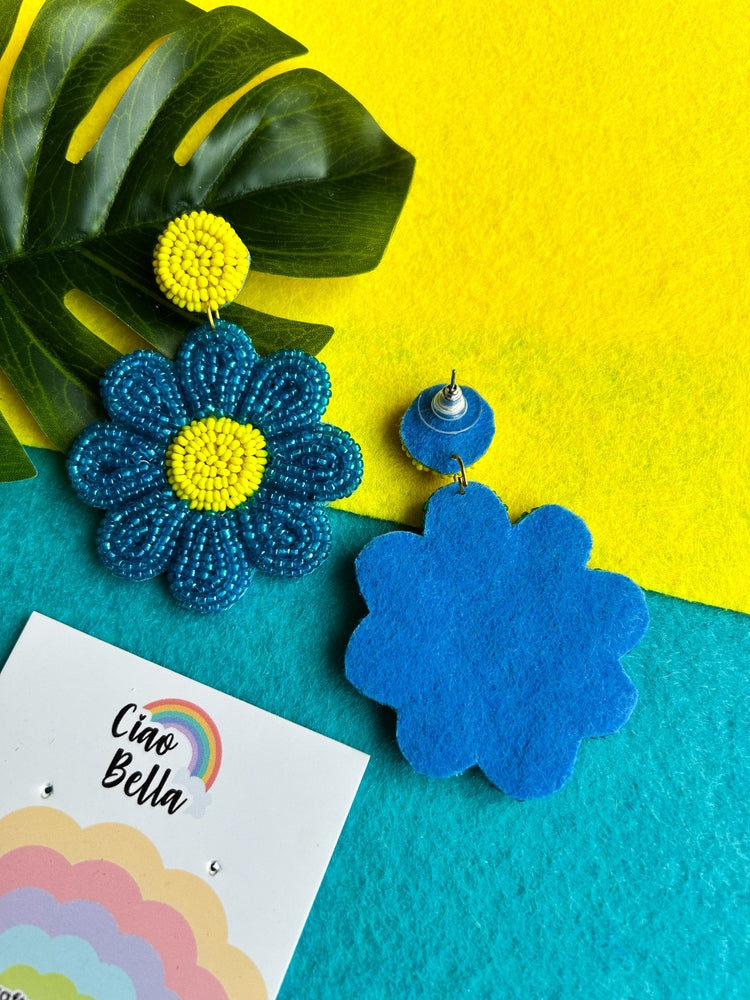 Forever-Blue Daisy Handmade Beaded Flower Earrings