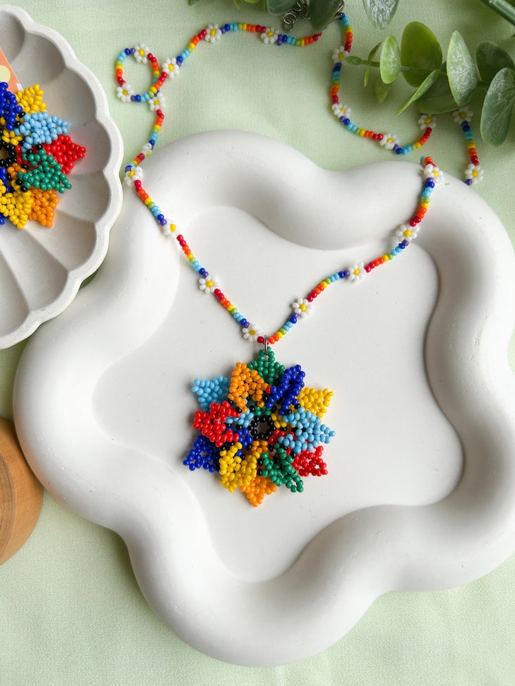 Rainbow Blossoming Flower Handmade Beaded Necklace + Earrings + Ring Set