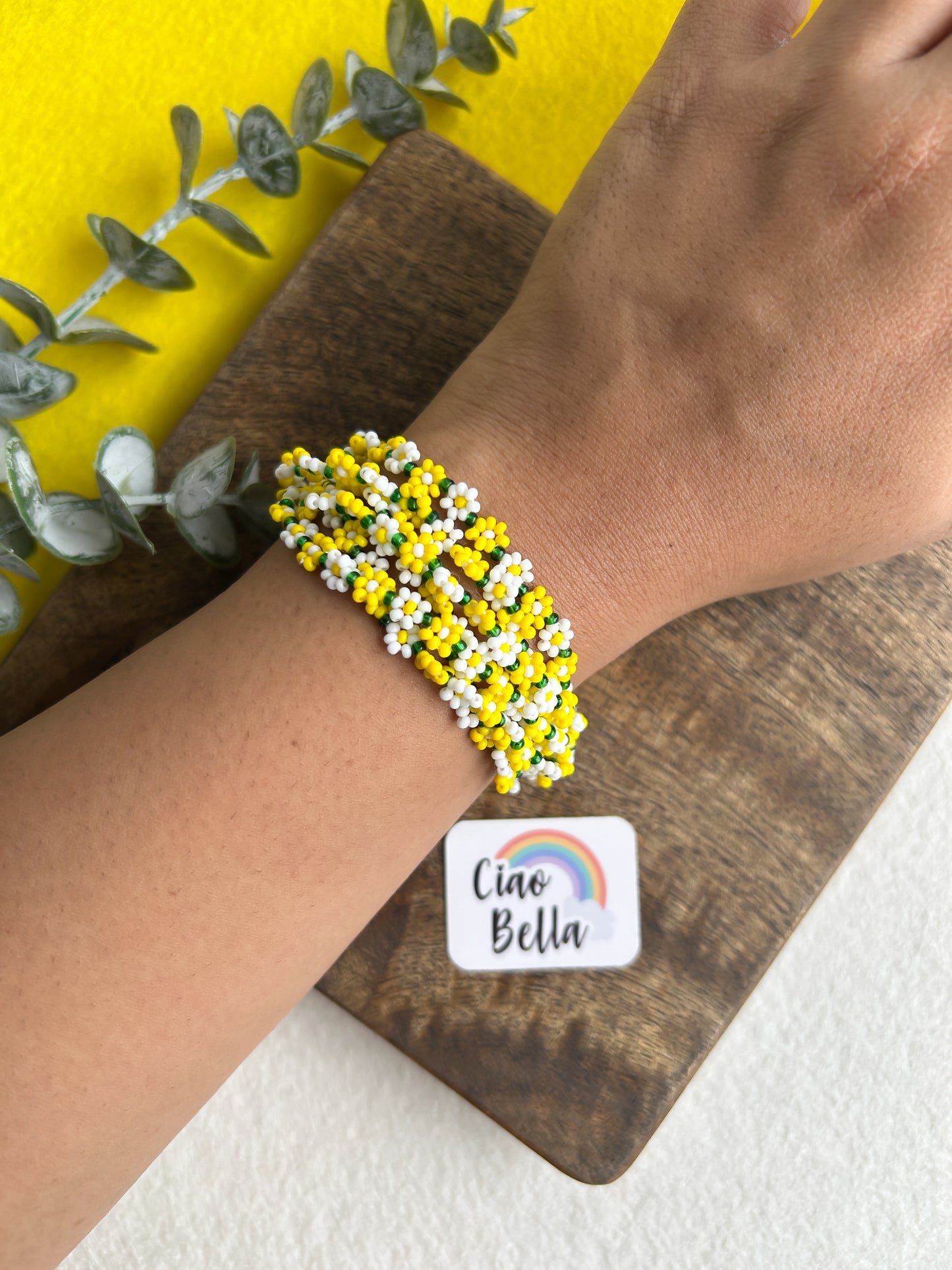 Spring Bloom Yellow White Daisy Handmade Beaded Bracelet