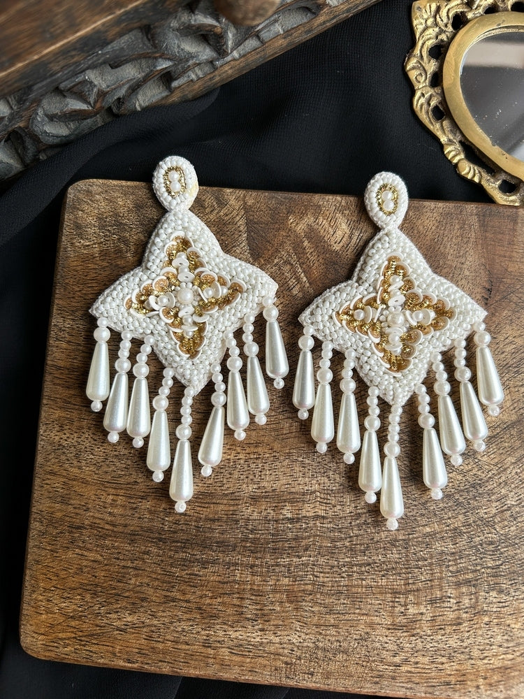 Sahiba White Pearl Drop Handmade Beaded Earrings