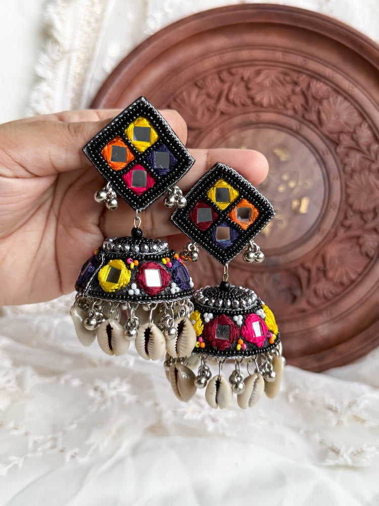 Navrang Mirror Handmade Beaded Jhumka Earrings