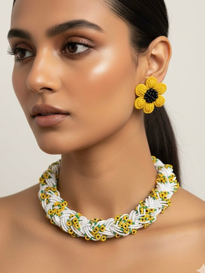 Luxe Flora Sunflower Handmade Beaded Necklace + Earrings Set