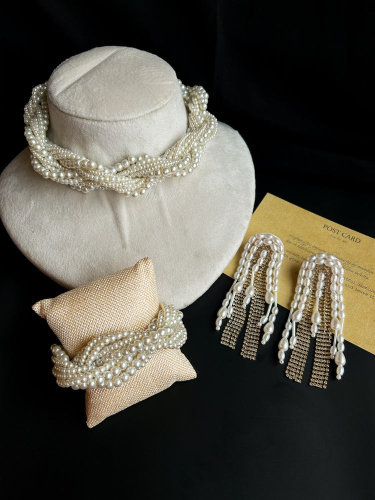Noor Twisted Pearl Handmade Necklace + Bracelet + Earrings Set