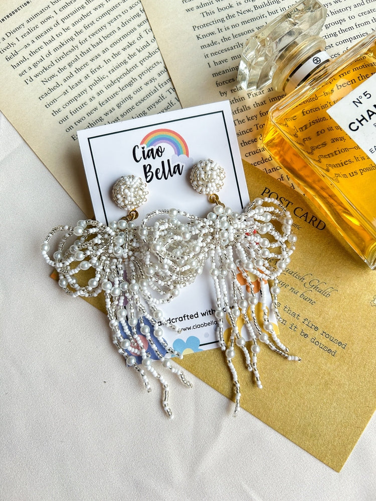 Pookie Bow (White) Handmade Beaded Earrings