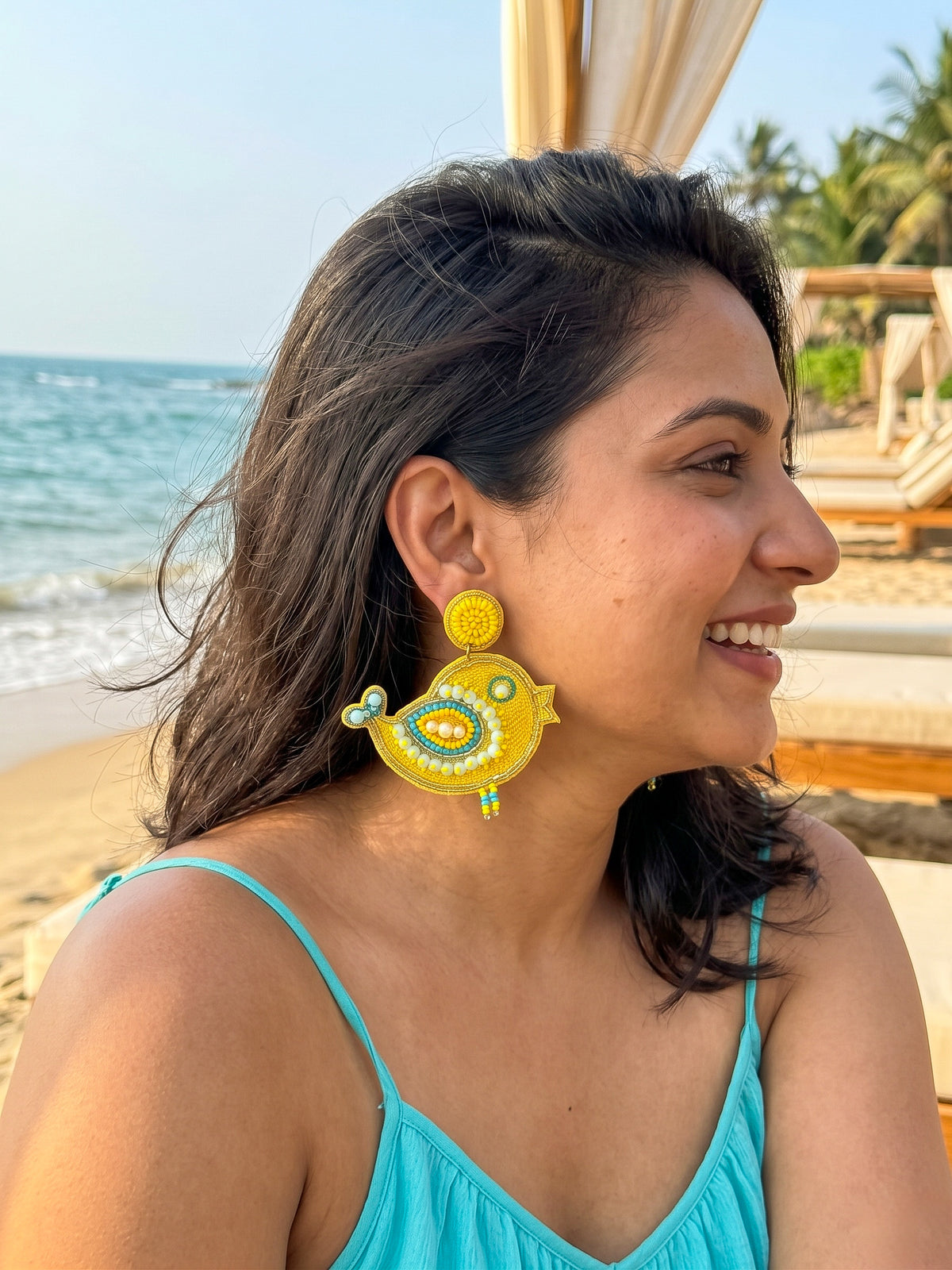 Chirpy Birdie Yellow Aqua Blue Handmade Beaded Earrings