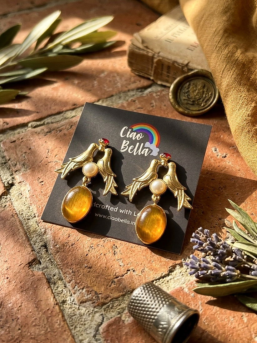 Love Birds Light Orange Monalisa Stone Handmade Brass Earrings