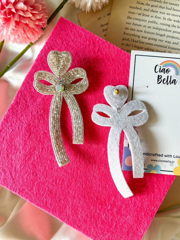 Glam Bow (Silver) Handmade Beaded Earrings