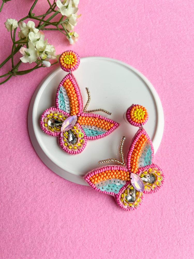Sun-Kissed Pink Handmade Beaded Butterfly Earrings