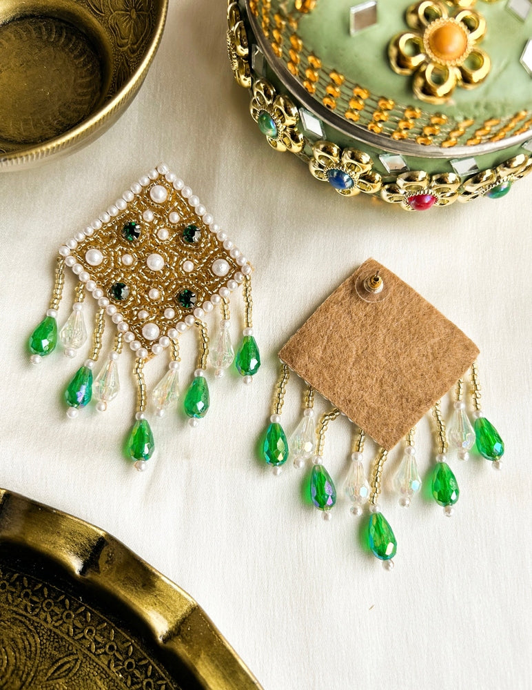 Golden Emerald Green Glamour Handmade Beaded Earrings