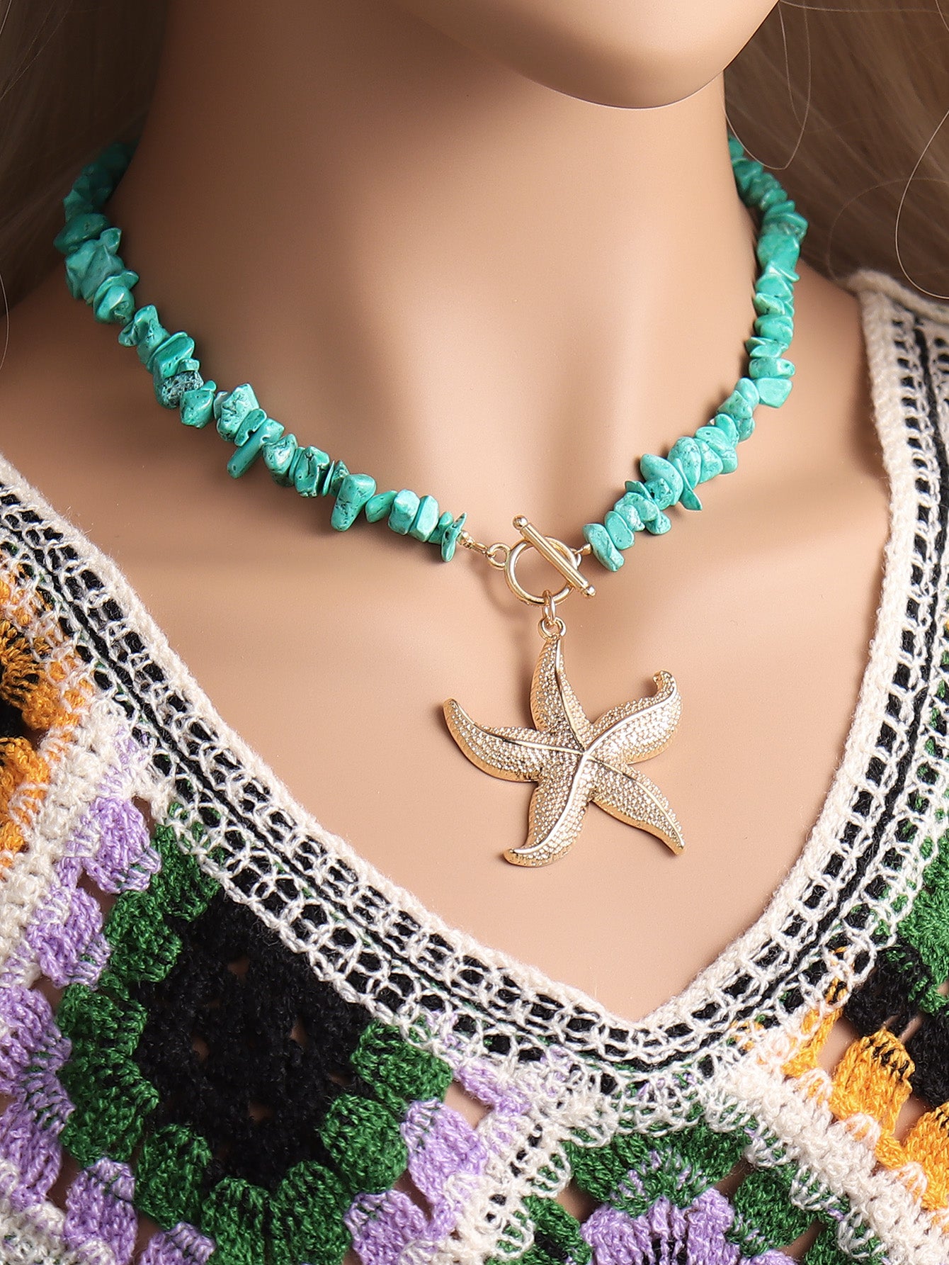 Marine Style Starfish Turquoise Beaded Chain Necklace